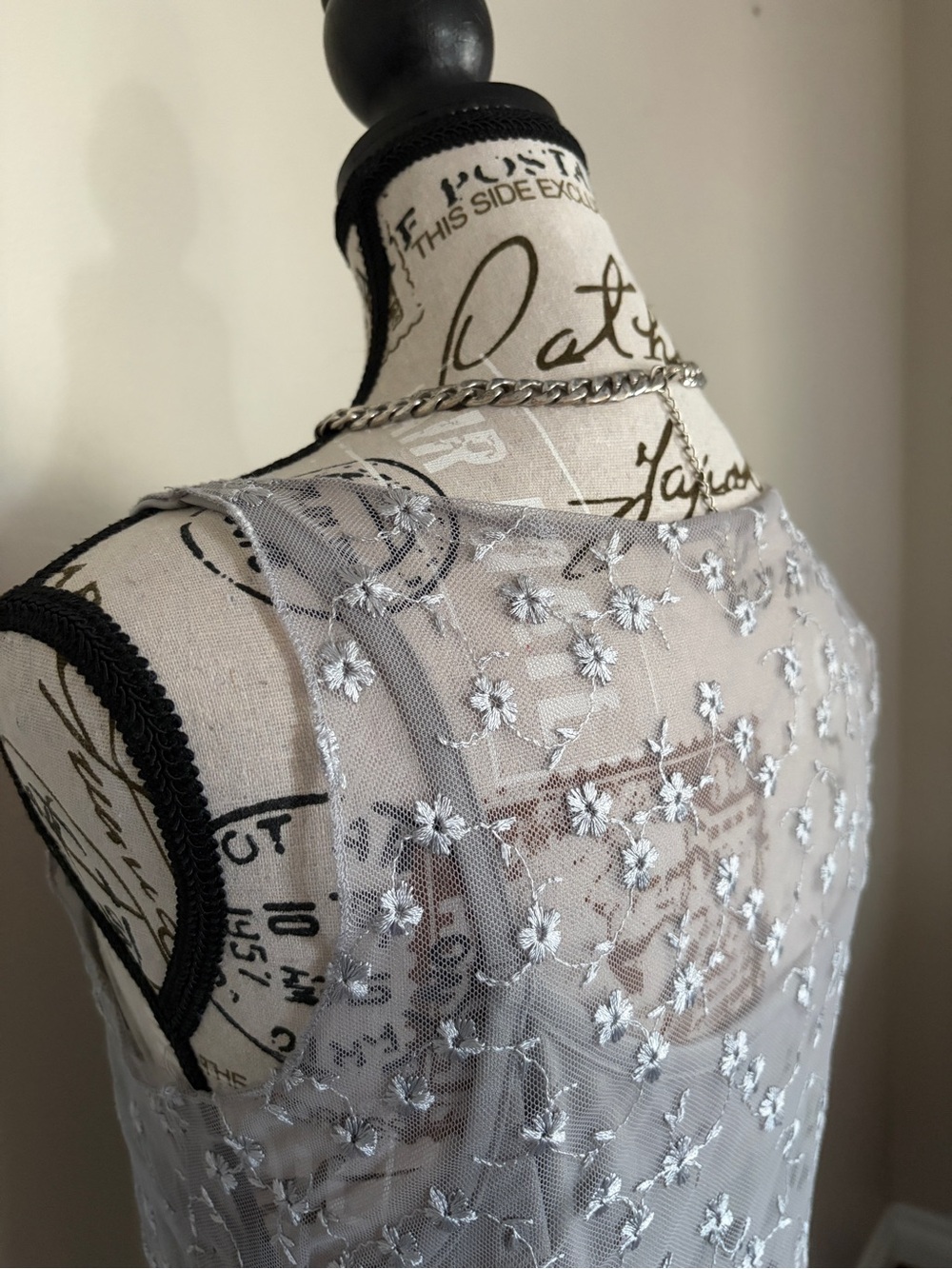 Vintage 90s Romantic Silver Grey Floral Embroidered Sheer Mesh Midi Dress - Picture 7 of 12